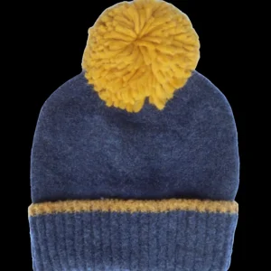 Doré Doré Bonnets^Bonnet à pompon en laine polaire - Bleu et jaune