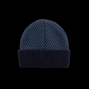 Doré Doré Bonnets^Bonnet pour homme en laine vierge avec motifs rectangulaires bicolores - Bleu marine foncé & Bleu armée