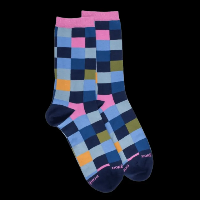 chaussette_femme__carreau_0-1.webp Femme Doré Doré Chaussettes^Chaussette femme à carreaux en coton - Bleu Voilier & Gris connemara