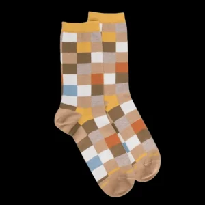 Femme Doré Doré Chaussettes^Chaussette femme à carreaux en coton - Beige Désert & Blanc Givre
