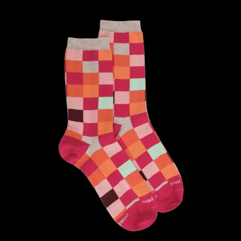 chaussette_femme__carreau_0-4.webp Femme Doré Doré Chaussettes^Chaussette femme à carreaux en coton - Rouge Cerise & Rose Praline