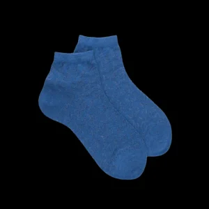 Femme Doré Doré Socquettes^Chaussettes courtes en coton égyptien uni pour femmes avec feuilles de ramage transparentes - Bleu Baltique