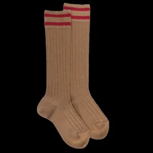 Enfant Doré Doré Chaussettes Hautes^Chaussettes longues en laine unie côtelée pour enfants, avec deux bandes sur le bord -