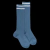 Enfant Doré Doré Chaussettes Hautes^Chaussettes longues en laine unie côtelée pour enfants, avec deux bandes sur le bord - Bleu Macadam