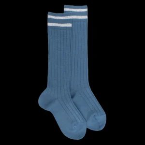 Enfant Doré Doré Chaussettes Hautes^Chaussettes longues en laine unie côtelée pour enfants, avec deux bandes sur le bord - Bleu Macadam