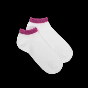 Femme Doré Doré Socquettes^Chaussons en coton uni pour femmes avec poignet en éponge contrastée - Blanc & Cyclamen