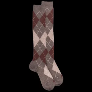 Homme Doré Doré Chaussettes Hautes^Mi-bas homme en laine mérinos à motif à losanges - Brun loutre & Beige Sable