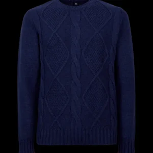 Doré Doré Pullover^Pull à col rond en laine et alpaga avec tresses tricotées - Bleu caban & Rouge brique