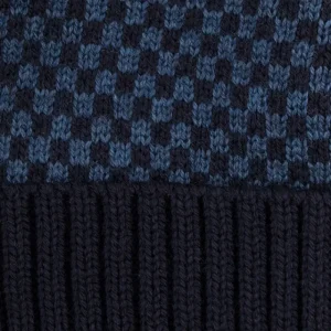 Doré Doré Bonnets^Bonnet pour homme en laine vierge avec motifs rectangulaires bicolores - Bleu marine foncé & Bleu armée