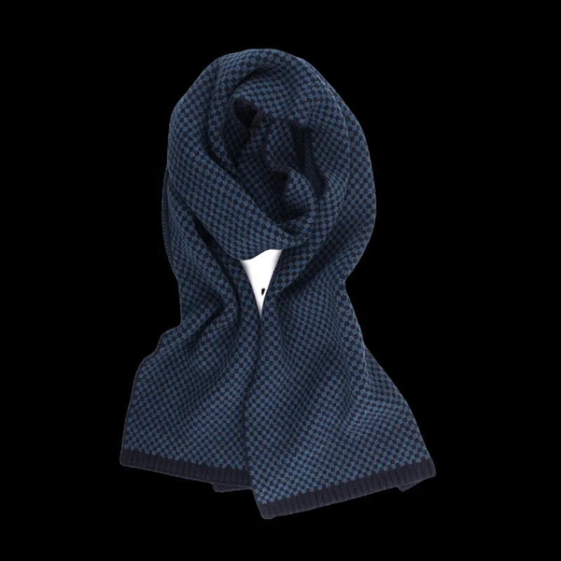 charpe_pour_homme_en_lain_0.webp Doré Doré Écharpes^Écharpe pour homme en laine vierge à motifs rectangulaires bicolores. - Bleu marine foncé & Bleu armée