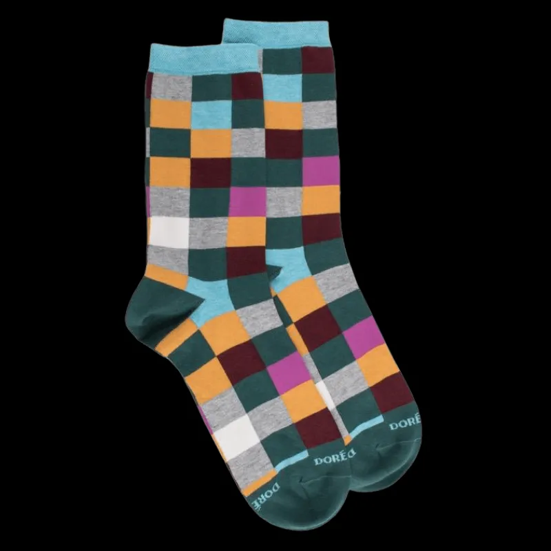 chaussette_femme__carreau_0-3.webp Femme Doré Doré Chaussettes^Chaussette femme à carreaux en coton - Vert Saule & Gris Rocheux