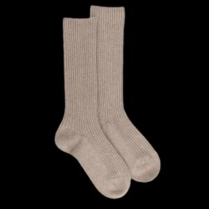 Femme Doré Doré Chaussettes^Chaussettes côtelées pour femmes en laine vierge, viscose et caschmere, coloris unis. - Beige chrysalide