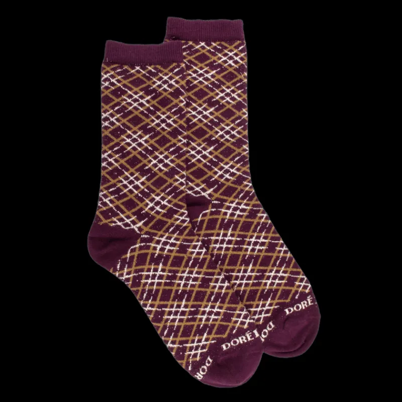 chaussettes_en_coton__mot_0-4.webp Femme Doré Doré Chaussettes^Chaussettes en coton à motifs écossais à effet brillant pour femmes - Couleur prune