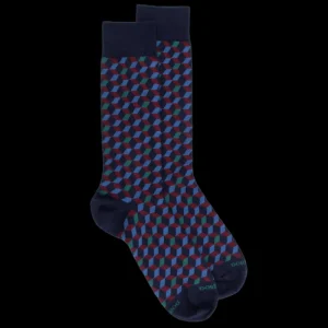 Homme Doré Doré Chaussettes^Chaussettes en coton égyptien pour hommes avec motifs de cubes en 3D - Bleu Matelot