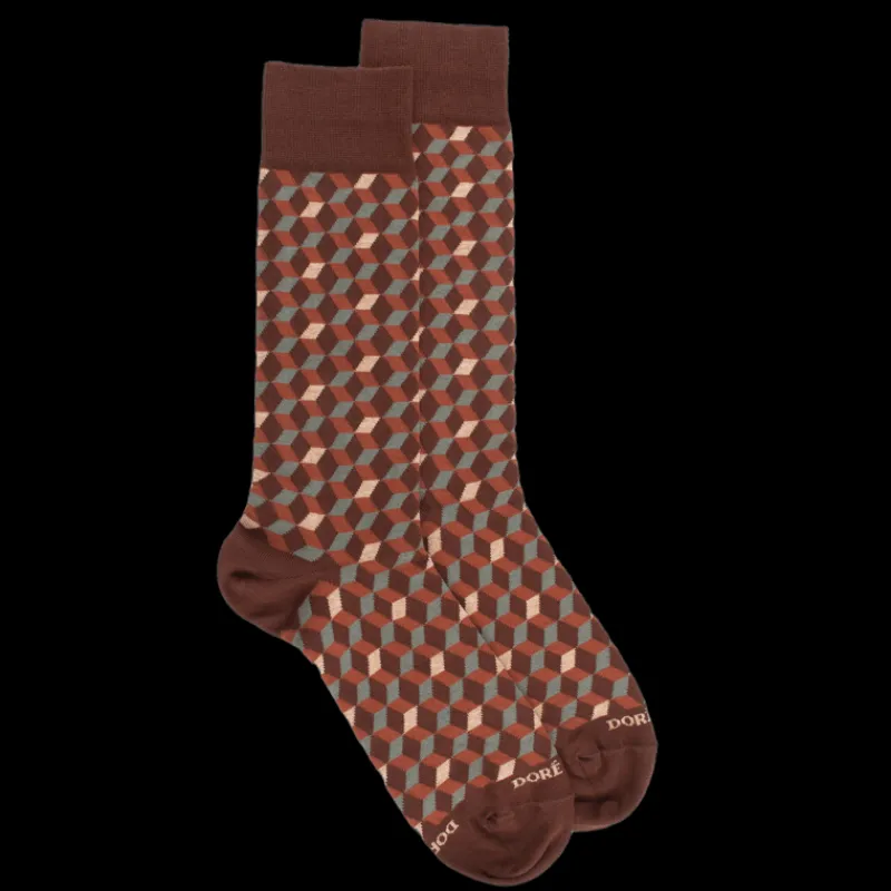 chaussettes_en_coton_gypt_0-18.webp Homme Doré Doré Chaussettes^Chaussettes en coton égyptien pour hommes avec motifs de cubes en 3D - Marron cacao