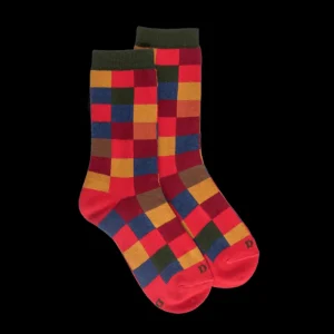 Enfant Doré Doré Chaussettes^Chaussettes enfant échiquier en coton - Rouge Ponceau & Vert thé
