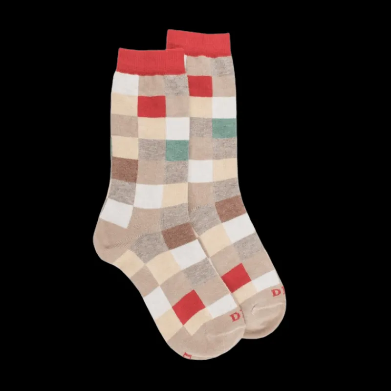 chaussettes_enfant_chiqui_0.webp Enfant Doré Doré Chaussettes^Chaussettes enfant échiquier en coton - Beige Grège & Rouge Ponceau