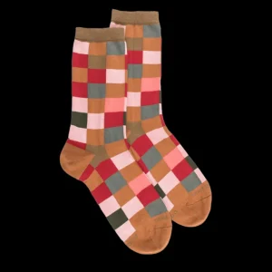 Femme Doré Doré Chaussettes^Chaussettes femme échiqiuer en coton égyptien - Camel & Beige baobab