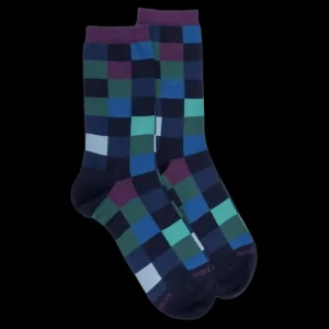 Femme Doré Doré Chaussettes^Chaussettes femme échiqiuer en coton égyptien - Bleu Matelot & Quetsche