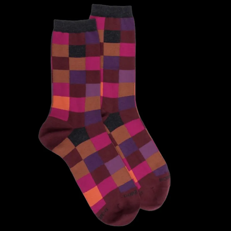 chaussettes_femme_chiqiue_0-8.webp Femme Doré Doré Chaussettes^Chaussettes femme échiqiuer en coton égyptien - Aubergine & Gris anthracite