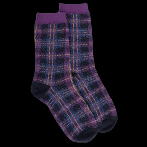 Femme Doré Doré Chaussettes^Chaussettes femme en coton à motif tartan effet brillant - Bleu marine foncé