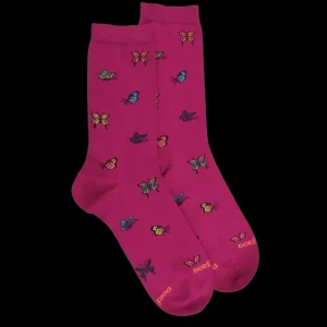 Femme Doré Doré Chaussettes^Chaussettes femme en coton à motif papillon - Rose Flamboyant