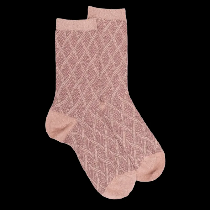 chaussettes_femme_en_coto_0-22.webp Femme Doré Doré Chaussettes^Chaussettes femme en coton et laine à motif entrelacés effet brillant - Rose Praline