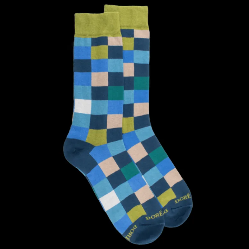 chaussettes_homme_chiquie_0-10.webp Homme Doré Doré Chaussettes^Chaussettes homme échiquier en coton - Bleu Croisette & Vert Absinthe