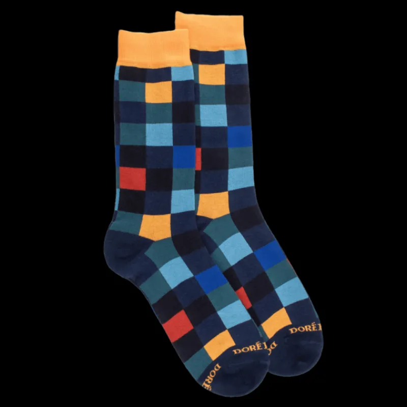 chaussettes_homme_chiquie_0-12.webp Homme Doré Doré Chaussettes^Chaussettes homme échiquier en coton - Bleu Voilier & Carotte