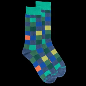 Homme Doré Doré Chaussettes^Chaussettes homme échiquier en coton - Bleu pêcheur