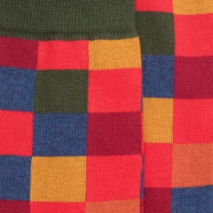 Homme Doré Doré Chaussettes^Chaussettes homme échiquier en coton - Rouge Ponceau & Vert thé