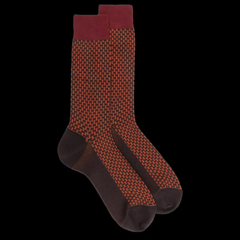 chaussettes_homme_en_lain_0-51.webp Homme Doré Doré Chaussettes^Chaussettes homme en laine à motif à trois couleurs - Marron Chocolat & Rouge pommard