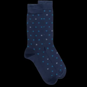 Homme Doré Doré Chaussettes^Chaussettes hommes en fil d'Ecosse avec petit motif D en deux couleurs - Bleu Matelot
