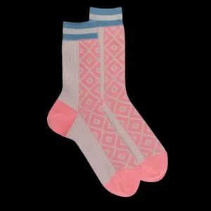 Femme Doré Doré Chaussettes^Chaussettes pour femme en fil d'Ecosse mi-rubané et mi-rhombique avec effet brillant - Rosa Géranium