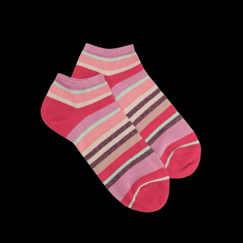socquettes_femme__rayures_0-6.webp Femme Doré Doré Socquettes^Socquettes femme à rayures en coton avec effet brillant - Rouge Cerise & Rose Pétale