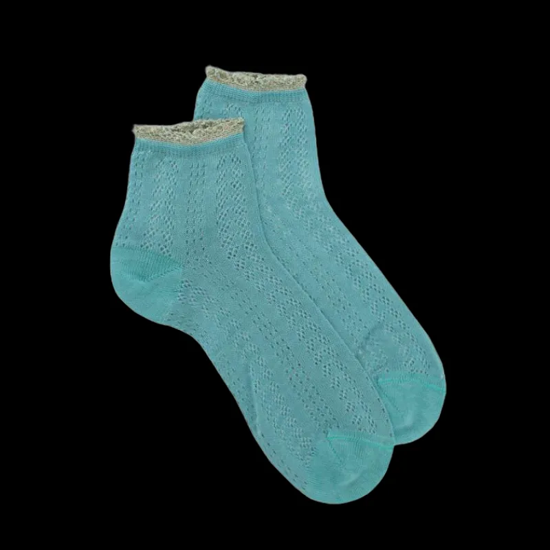 socquettes_femme_ajoures__0-3.webp Femme Doré Doré Socquettes^Socquettes femme ajourées en fil d'Écosse avec bord-côte contrasté effet brillant - Vert Plantain