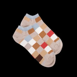 Femme Doré Doré Socquettes^Socquettes femme échiqiuer en coton égyptien - Beige Sahara & Bleu Glacier